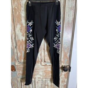 Double Zero Black Legging Pants Floral Embroidery M/L